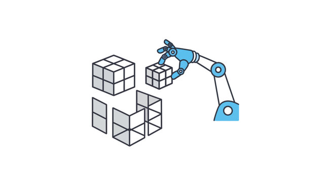 Robotic arm handling cube blocks.