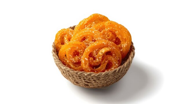 Jalebi, a beloved Indian dessert, in a jute bowl against a white backdrop.