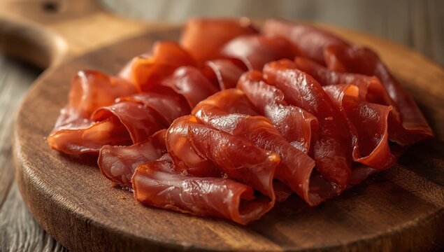 Delectable Jamon Serrano slices arranged on a rustic wooden board, side perspective. Empty space.