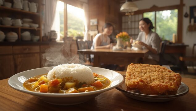 Japanese katsu curry rice with fried chicken cutlet.