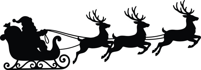 Decorative black silhouette vector illustration of santa claus riding a sleigh pulled by flying reindeer team © Meow