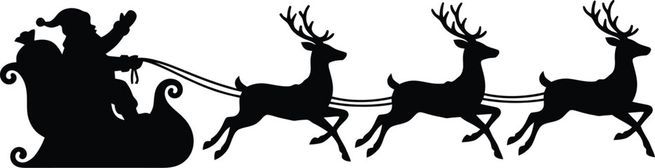 Black silhouette vector illustration of santa claus driving a sleigh pulled by three flying reindeer © Meow