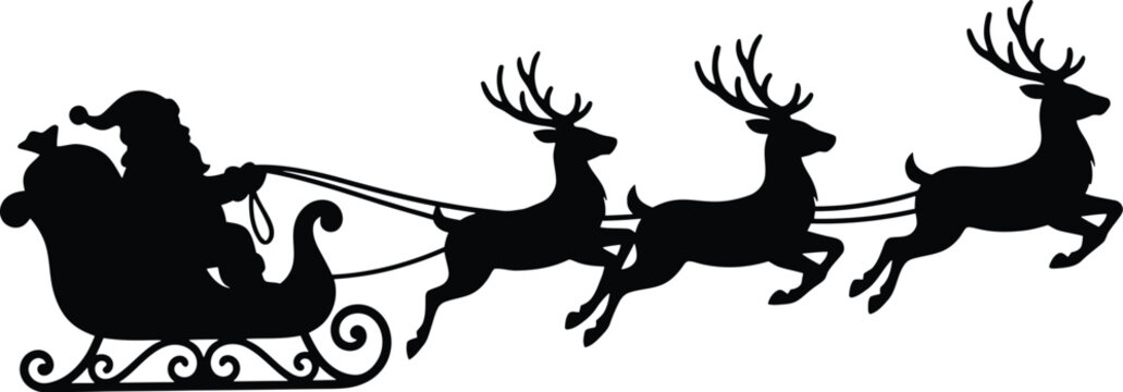 Decorative black silhouette vector illustration of santa claus riding a sleigh pulled by flying reindeer team