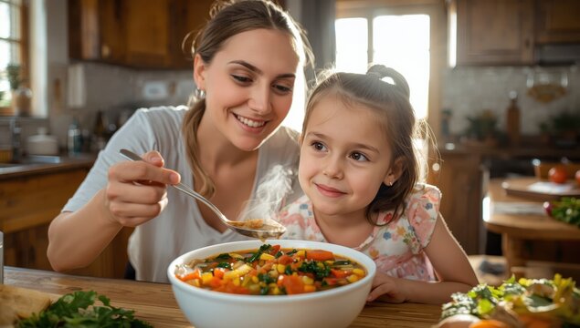 Joyful mother and her young daughter trying vegetable soup together.