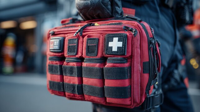 A red tactical medical bag with a white cross patch serves as the background for emergency readiness and first aid themes.