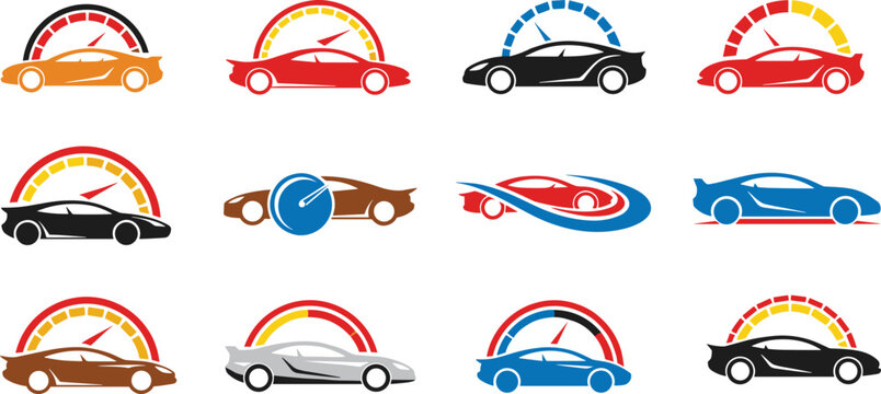 Car Speedometer Icon Set Featuring Various Car Designs and Speed Indicators for Automotive, Racing, and Performance Graphics