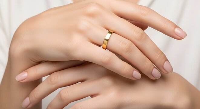 Close up of a woman wearing a gold ring on her finger.