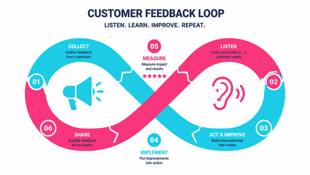 Infinity loop infographic template for business customer feedback process and service improvement cycle