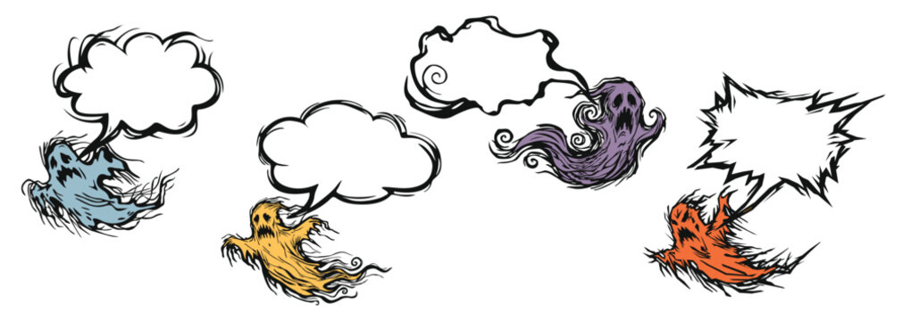 Various character of ghosts with blank speech bubble isolated