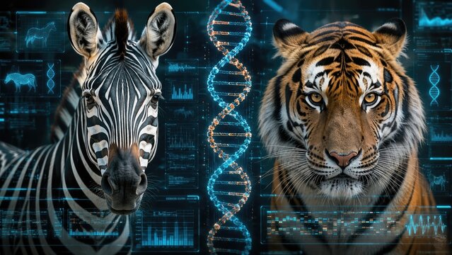 Head-on zebra and tiger portraits flanking a glowing DNA double helix amid futuristic genetic data visuals