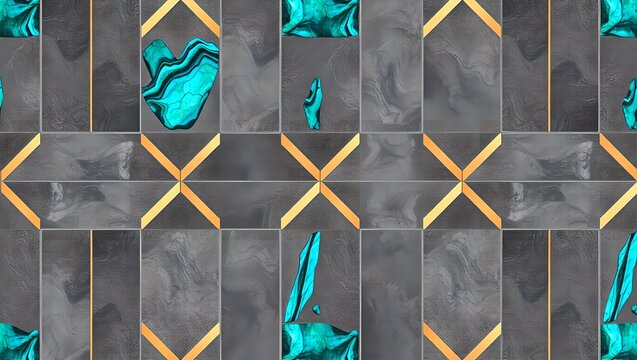 Seamless Geometric Pattern with Iridescent Labradorite Stone Charcoal Concrete and Copper Inlay Luxury Mosaic Texture Background