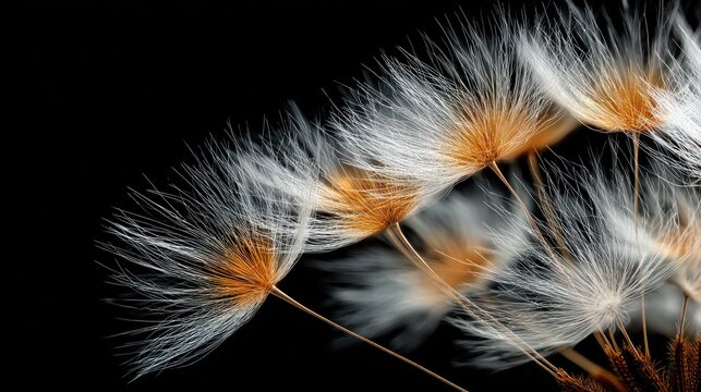 Dandelion seeds puffball with delicate feathery bristles on black background