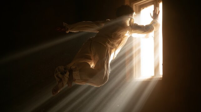 Young man levitating in a dark room, extending his hands towards the bright window, experiencing spiritual freedom and seeking enlightenment