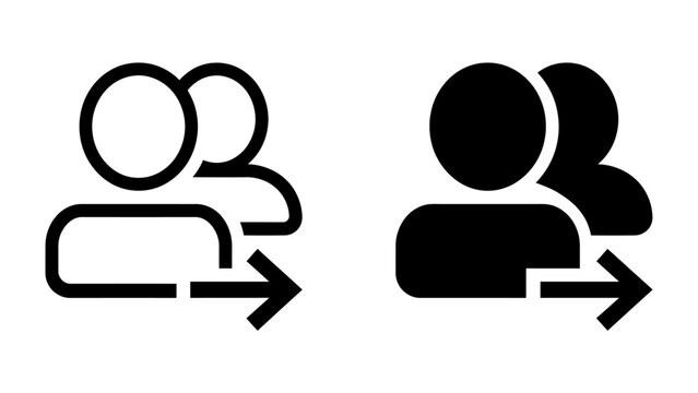 Group Icon and Arrow: A graphic representation of two user icons, one outlined and the other solid black, both with an arrow pointing to the right, indicating movement or progression.