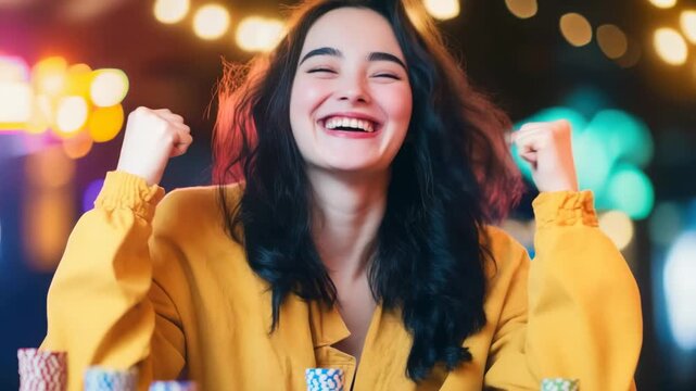 Excited woman celebrating a win at casino table with chips and bright lights