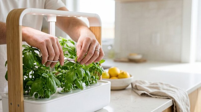 Man harvesting fresh basil from indoor hydroponic garden in modern kitchen, urban farming concept, sustainable lifestyle, homegrown herbs for cooking, smart agriculture technology