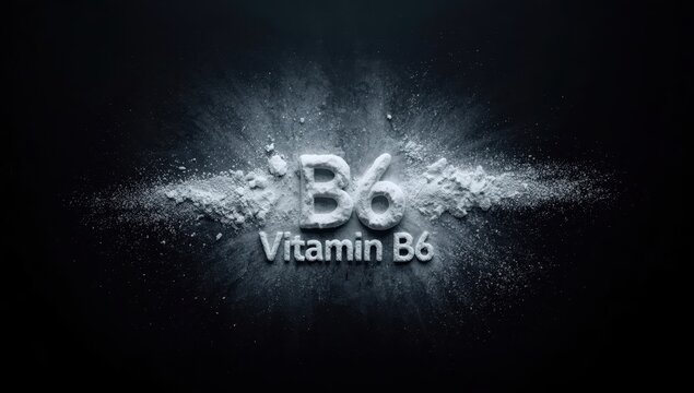 Light substance on dark surface. B6 letters. Vitamin B6. Biohacking idea. Empty space.