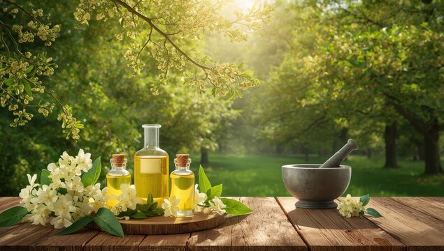Linden blossoms and essential oil for hair care, herbal remedy.