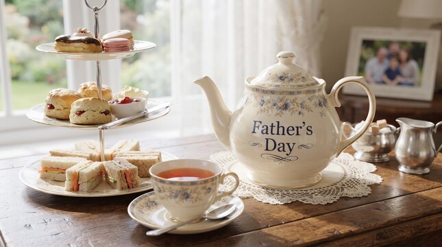 A serene Father's Day tea party setting featuring a vintage-style floral teapot with a 'Father's Day' inscription, served with a tiered tray of sandwiches, scones, and a teacup on a rustic table.