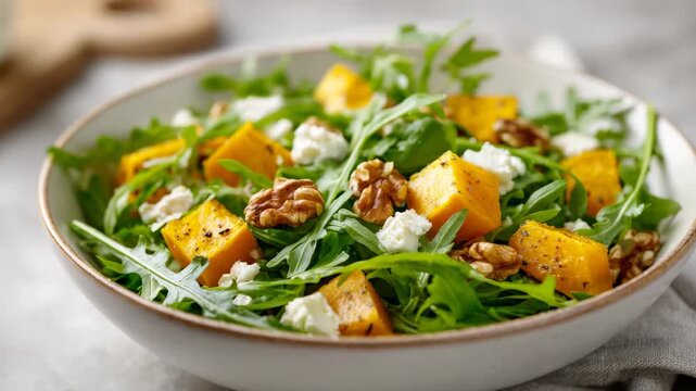 Fresh arugula and pumpkin salad with walnuts in grey ceramic bowl