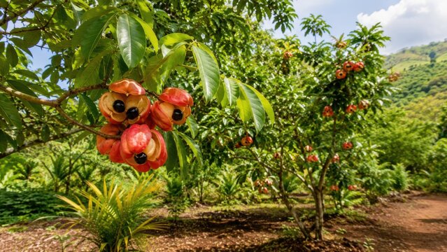 Close-up of ripe ackee fruit in a tropical orchard with glossy leaves, red pods and exposed black seeds on branches beneath a sunny sky