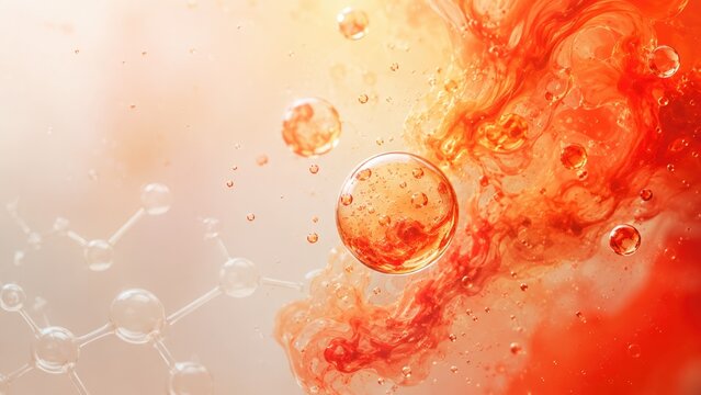 Close-up abstract of red-orange liquid and suspended bubbles with molecular motif and swirling ink-like textures