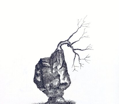 Hand-drawn ink sketch of a dead tree growing out of a large textured rock, conceptual illustration of survival, resilience, and copy space.