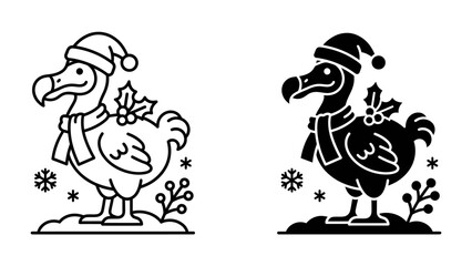 Christmas Dodo Icon: A whimsical depiction of a dodo bird adorned in a Santa hat and scarf, surrounded by festive snowflakes and holly berries, available in both outline and silhouette forms. © Ajm