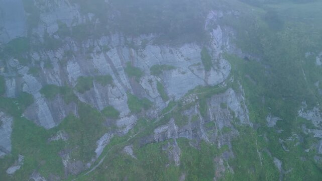Aerial drone view of the area around Castro Grande and the Complacera Tunnel between the Mena Valley and the Losa Valley. Las Merindades region, Burgos, Castile and Le&oacute;n, Spain, Europe