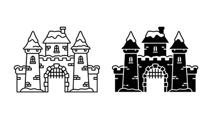 Winter Castle Illustration: A charming fairytale castle, adorned with snow on its towers and rooftop, is depicted in both outline and silhouette styles, ready for a winter wonderland theme.