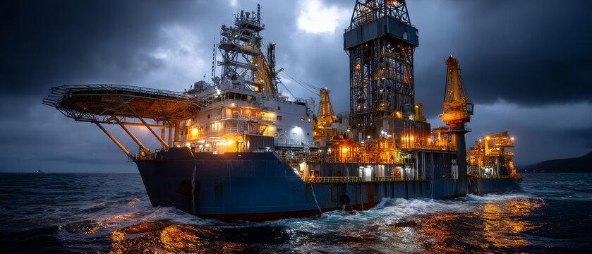 A massive offshore drilling rig battles stormy seas at night, its bright lights illuminating the turbulent water background for industrial energy extraction.