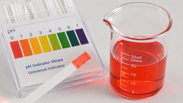 Glass beaker of red solution beside pH indicator strips and a colorful pH scale chart on a white surface