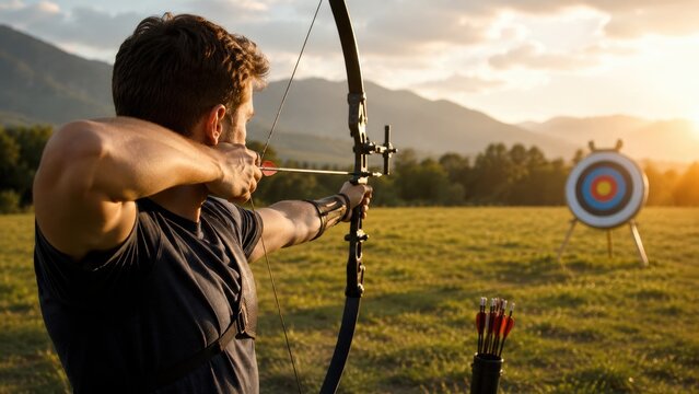 Male archer aiming a recurve bow at a target in a sunlit field with mountains and a golden hour sunset