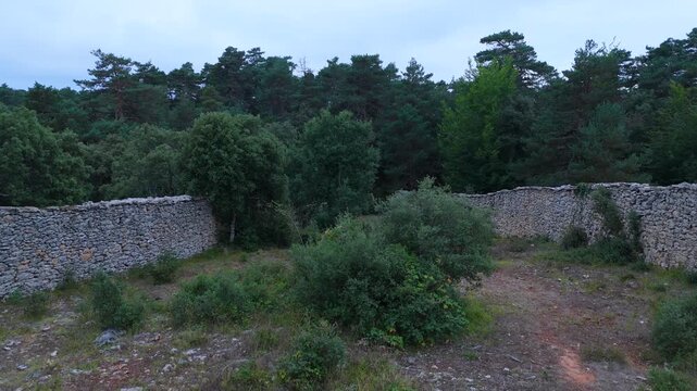 Aerial drone view of the Perex wolf trap in the Losa Valley. Las Merindades region, Burgos, Castile and Le&oacute;n, Spain, Europe