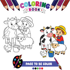 Fototapeta premium Cute Farm Animal Care Coloring Page Featuring Young Farmer Feeding Friendly Animals in a Simple Rural Barnyard 