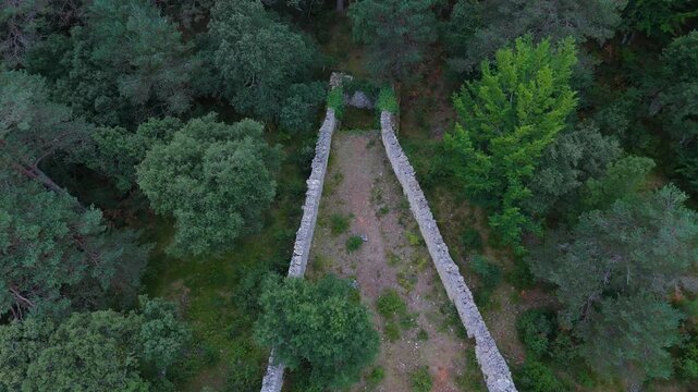 Aerial drone view of the Perex wolf trap in the Losa Valley. Las Merindades region, Burgos, Castile and Le&oacute;n, Spain, Europe