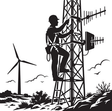 Telecom tower climber, cell tower worker, antenna installation, wind turbine landscape