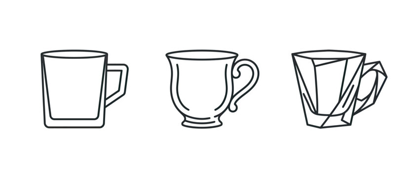 Three different style ceramic coffee mugs line drawing sketch on white background