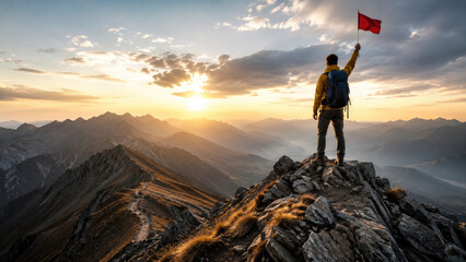 Obraz premium Hiker standing on a rocky mountain summit waving a red flag at sunrise over dramatic alpine ridges