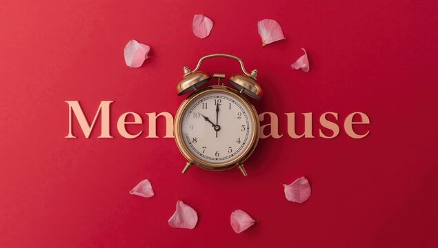Menopause and alarm clock on red backdrop, aerial perspective.