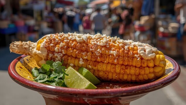 Mexican street corn coated in spices and cheese on a plate.