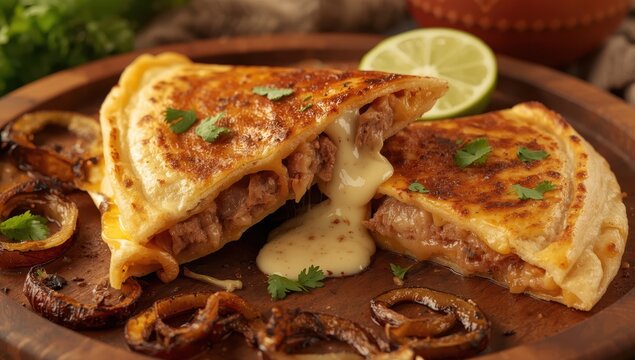 Michoacan-style quesadilla filled with cheese, meat, roasted onions, and peppers.