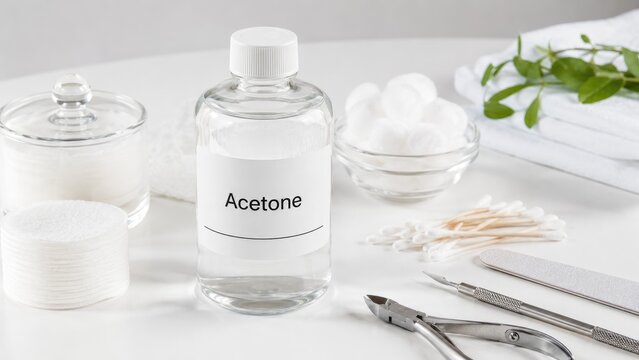 Labeled acetone bottle with manicure tools, cotton pads and swabs arranged on a white towel in a clean spa-style setup