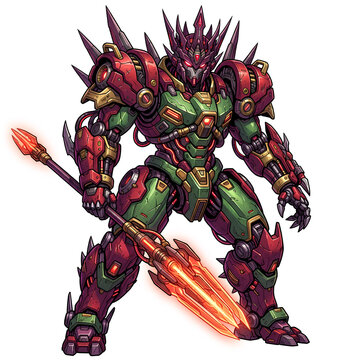 Fierce Red and Green Mech Warrior with Firearm in Battle Stance.