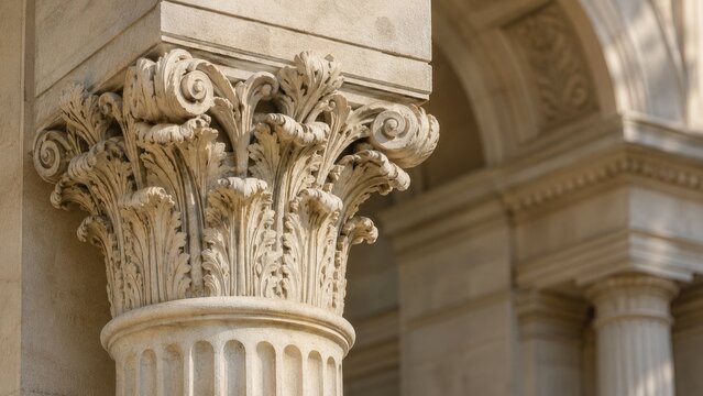 Close-up of ornate Corinthian column capital with acanthus leaves on a fluted stone column and arched stone facade