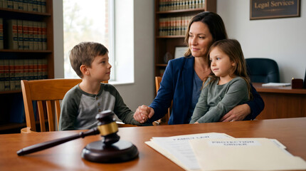 Fototapeta premium Family Law, Child Protection, Mother with children without father and judge's hammer Deprivation of the parental rights of father Law protecting kids