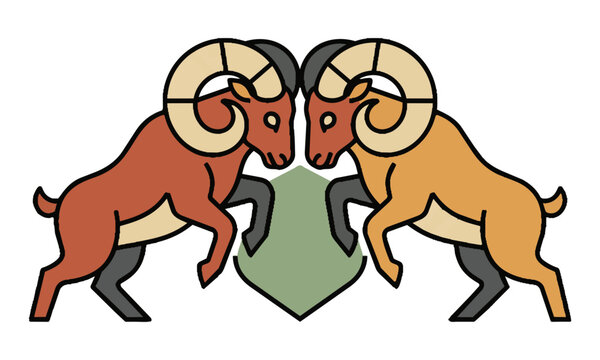 Two stylized mountain rams with spiraled horns interlocking in a symmetrical head to head collision on a white background, animal wildlife concept