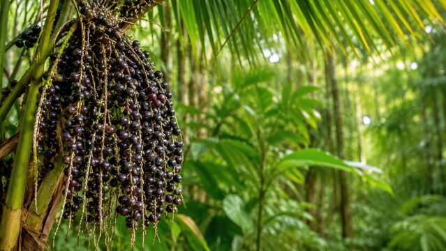 Cluster of dark ripe a&ccedil;a&iacute; berries hanging from a palm in a lush tropical rainforest understory