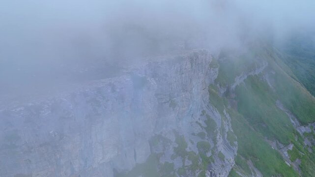 Aerial drone view of the area around Castro Grande and the Complacera Tunnel between the Mena Valley and the Losa Valley. Las Merindades region, Burgos, Castile and Le&oacute;n, Spain, Europe