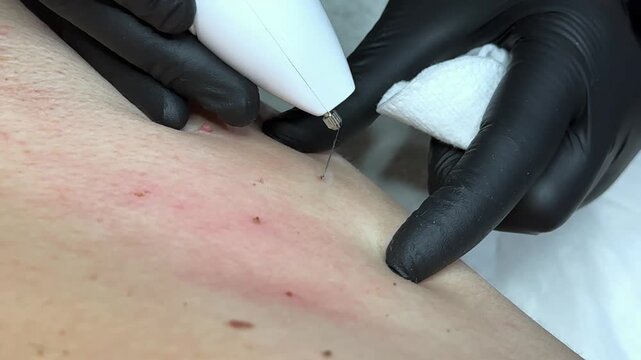 Close-up of mole and skin tag removal with electrocautery device during dermatology procedure. Healthcare, precision, cosmetic treatment, skin care, medical technology.